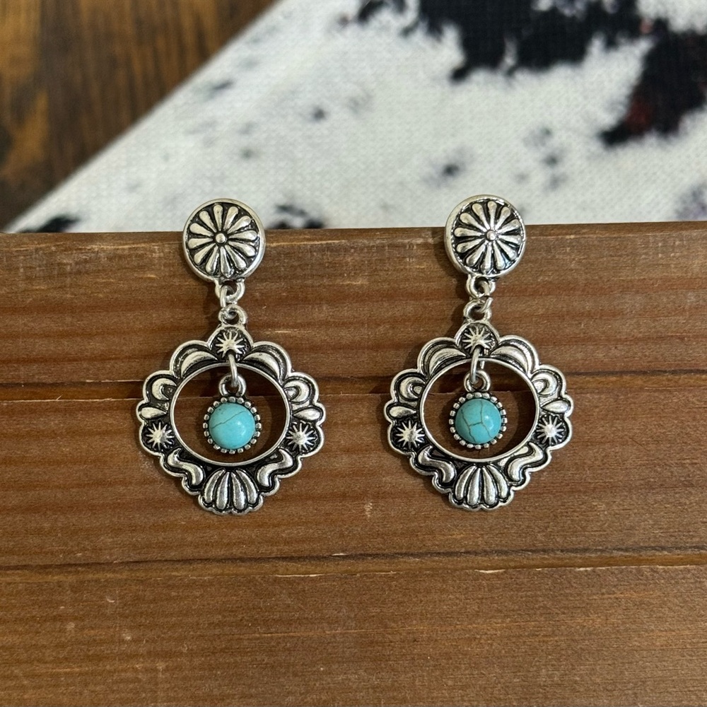 Silver and Turquoise Floral Drop Earrings